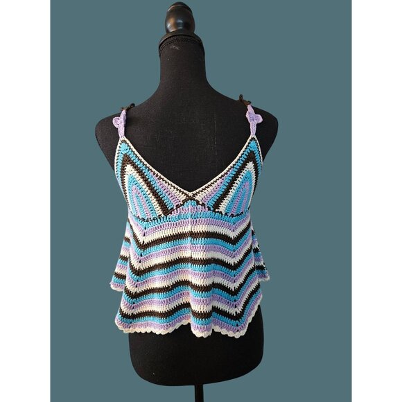2/$35 POL Crochet Striped V-Neck Babydoll Cropped Boho Hippie Girl Top Women S - Picture 4 of 9